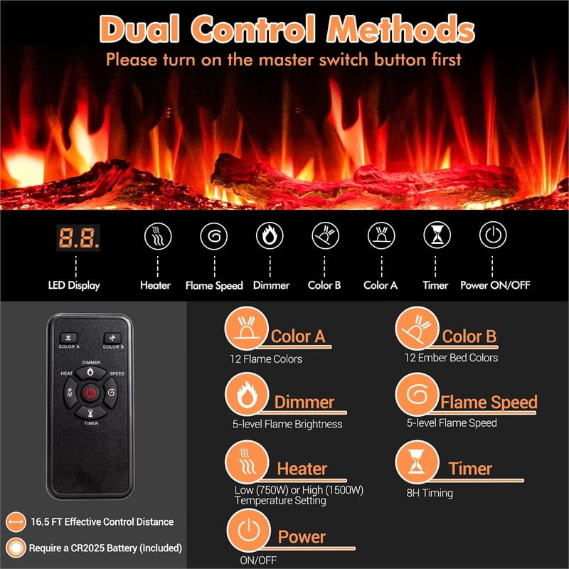 68inch Ultra Thin Electric Fireplace Recessed Wall Mounted Black