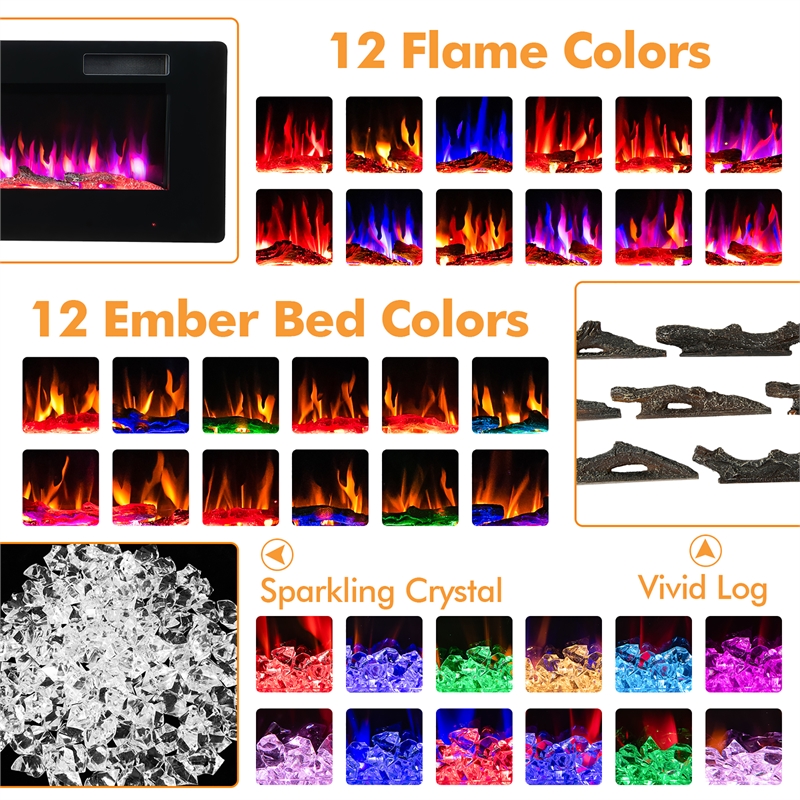 68inch Ultra Thin Electric Fireplace Recessed Wall Mounted Black