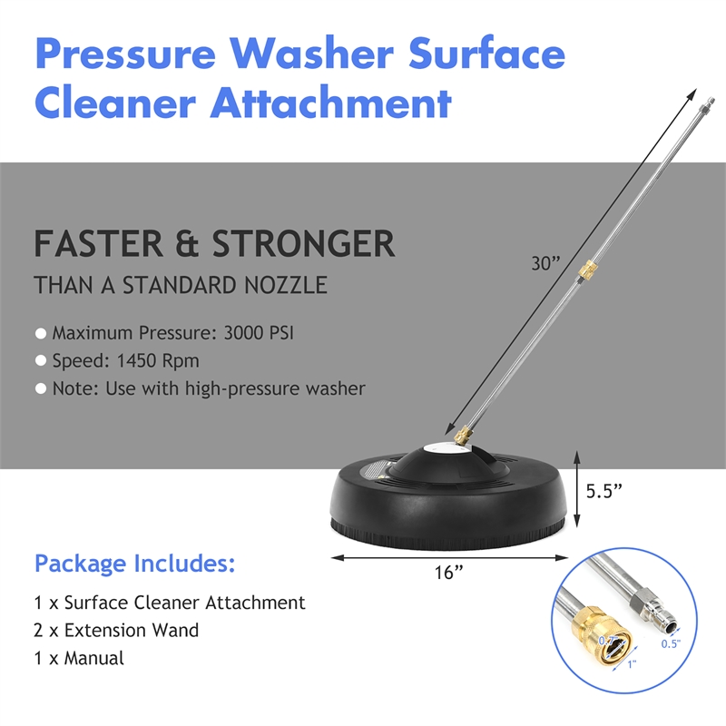 16inch Pressure Washer Surface Cleaner Attachment with 2 Extension Wand Black