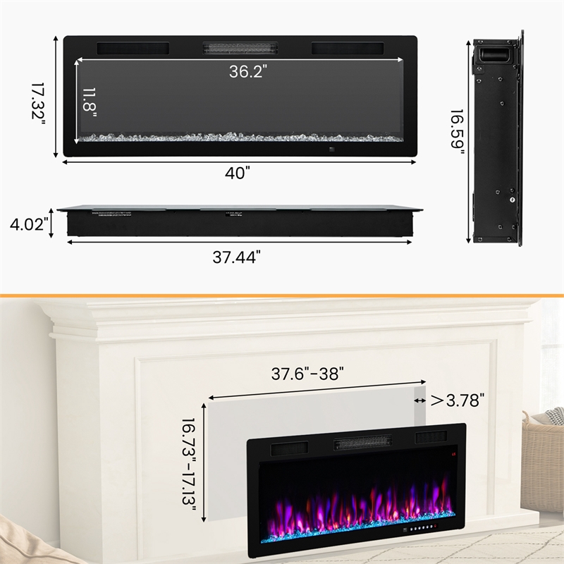 40inch Linear Electric Fireplace 1500W Recessed Wall Mounted Black