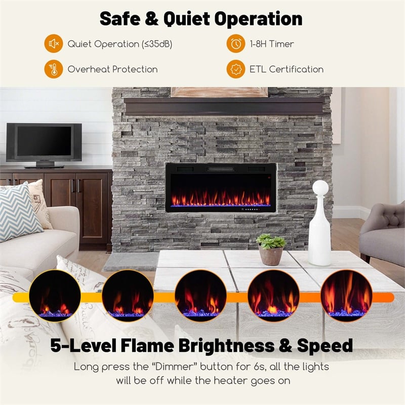 40inch Linear Electric Fireplace 1500W Recessed Wall Mounted Black