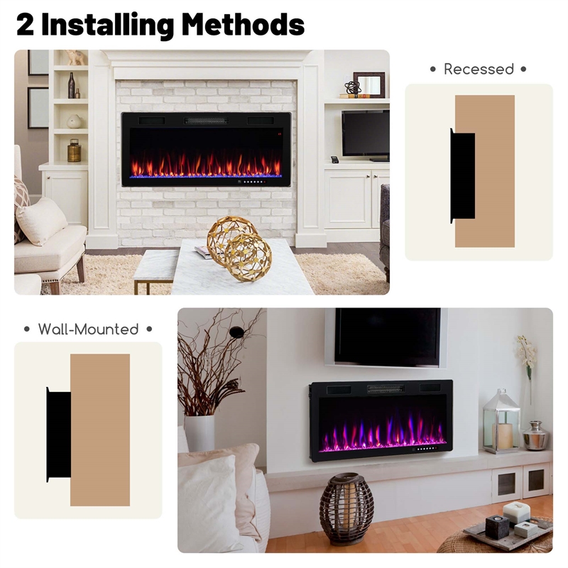 40inch Linear Electric Fireplace 1500W Recessed Wall Mounted Black