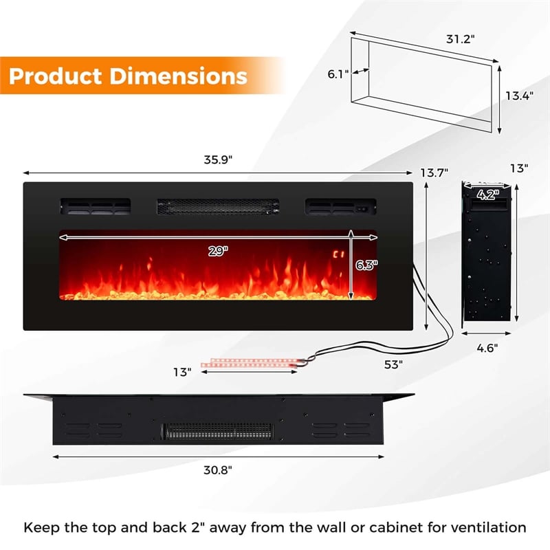 36inch 5000 BTU Electric Fireplace with Strips Remote Crystal Stones Black