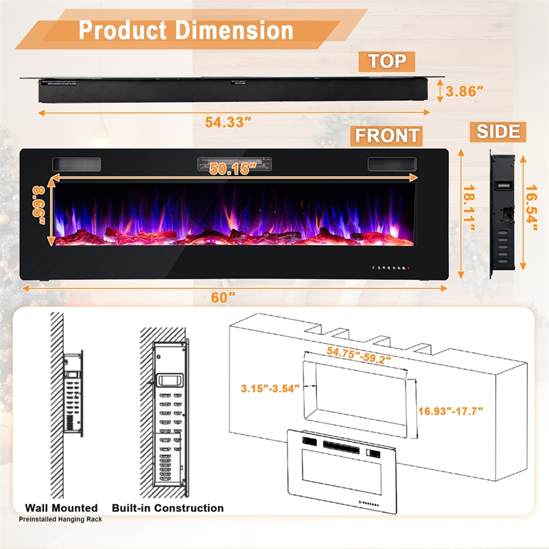 60 Inches Ultra Electric Fireplace Recessed and Wall Mounted Black