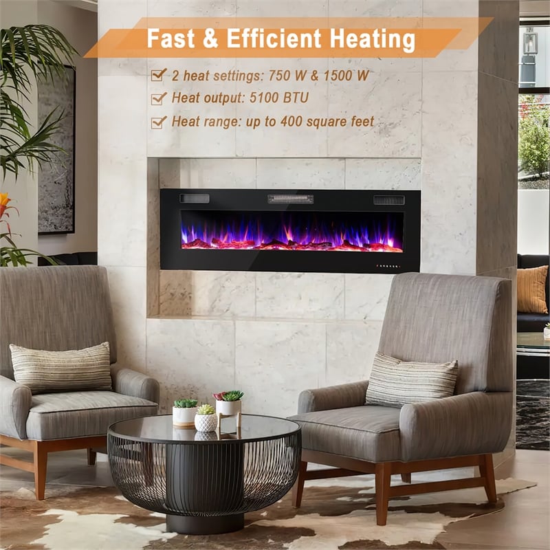 60 Inches Ultra Electric Fireplace Recessed and Wall Mounted Black