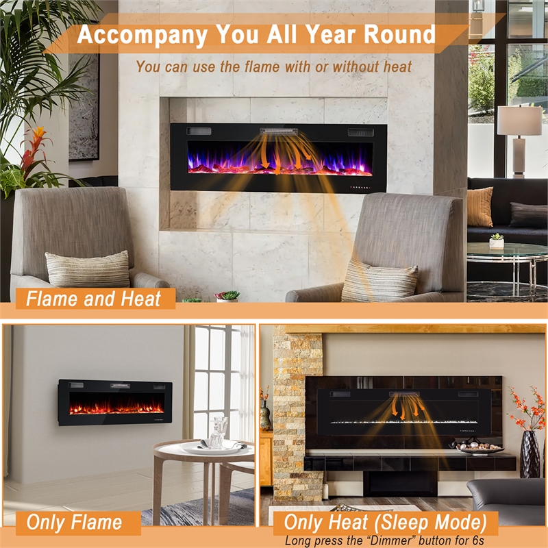 60 Inches Ultra Electric Fireplace Recessed and Wall Mounted Black