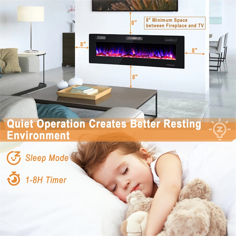 60 Inches Ultra Electric Fireplace Recessed and Wall Mounted Black