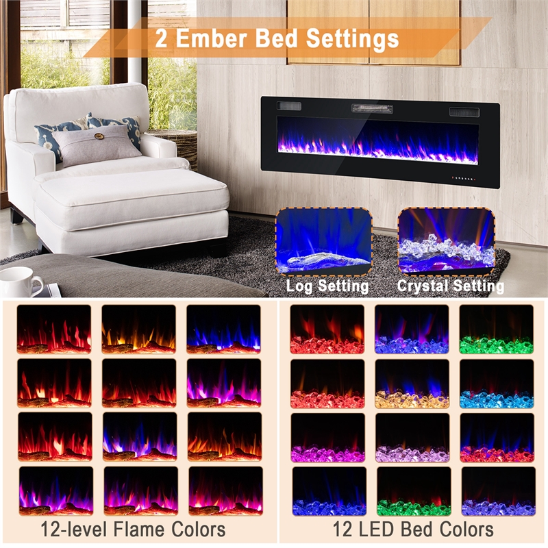 60 Inches Ultra Electric Fireplace Recessed and Wall Mounted Black