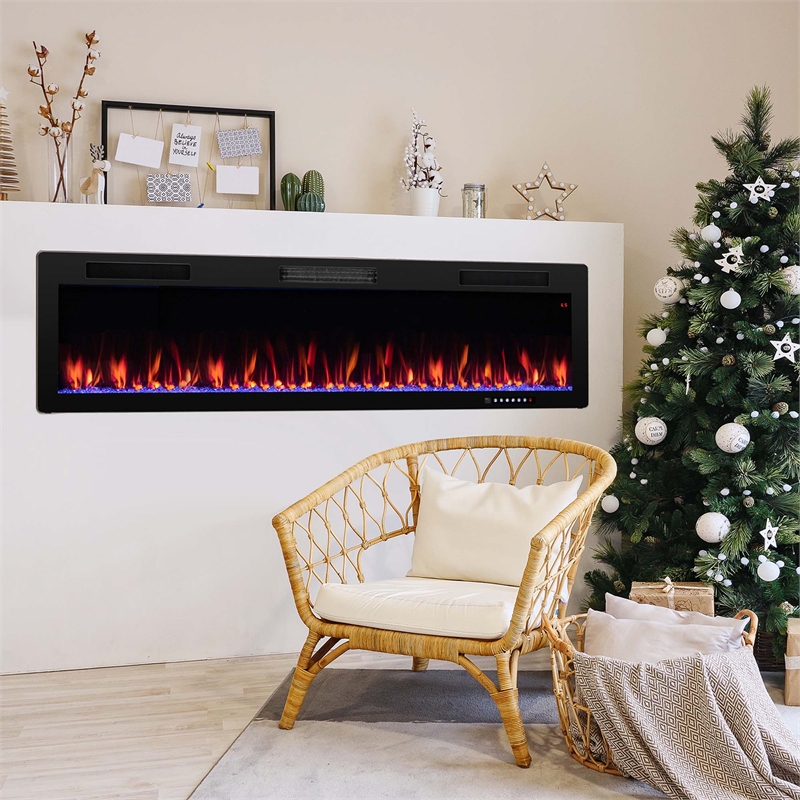 60inch Linear Electric Fireplace 1500W Recessed Wall Mounted Black