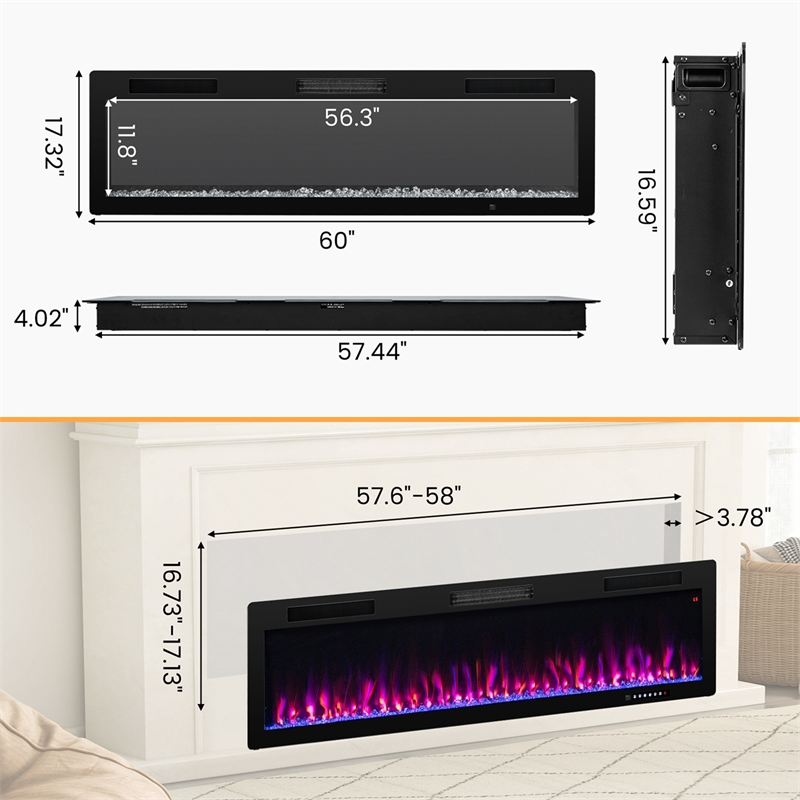 60inch Linear Electric Fireplace 1500W Recessed Wall Mounted Black