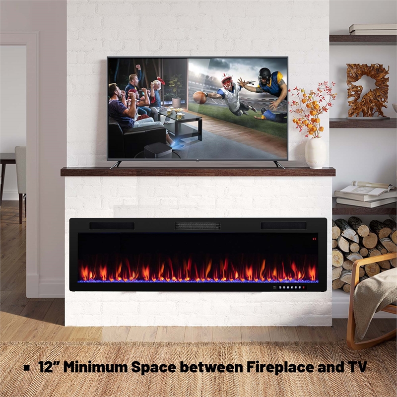 60inch Linear Electric Fireplace 1500W Recessed Wall Mounted Black