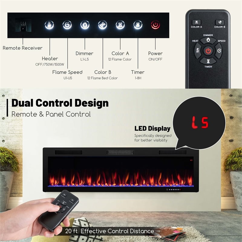 60inch Linear Electric Fireplace 1500W Recessed Wall Mounted Black