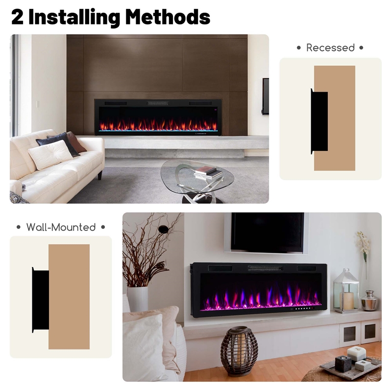 60inch Linear Electric Fireplace 1500W Recessed Wall Mounted Black