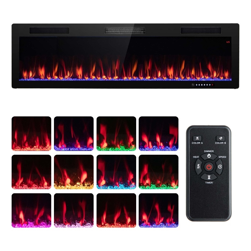 60inch Linear Electric Fireplace 1500W Recessed Wall Mounted Black