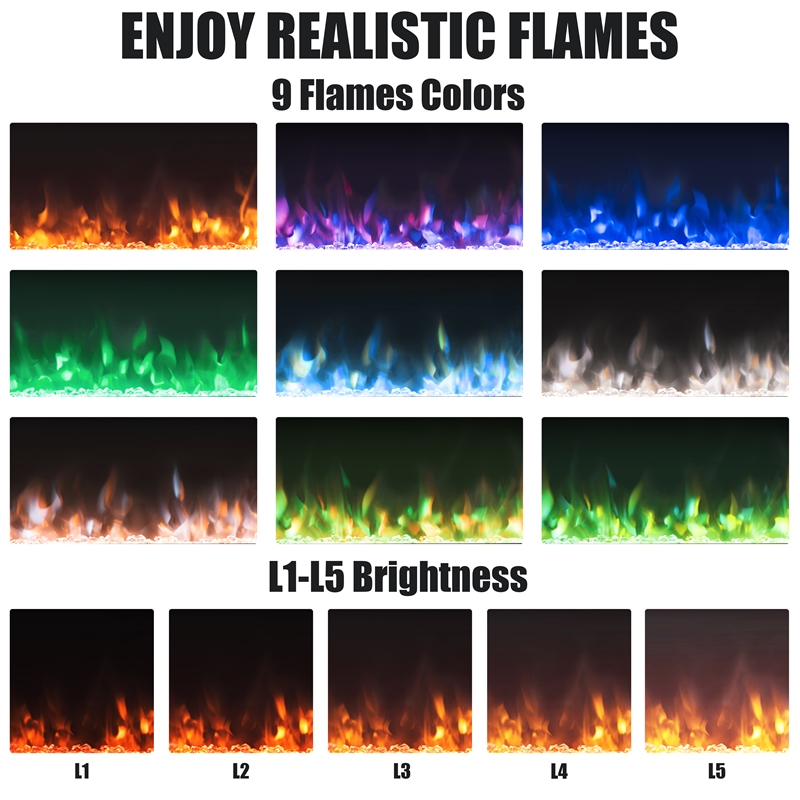 50inch Recessed Electric Fireplace Wall Mounted Heaterol Black