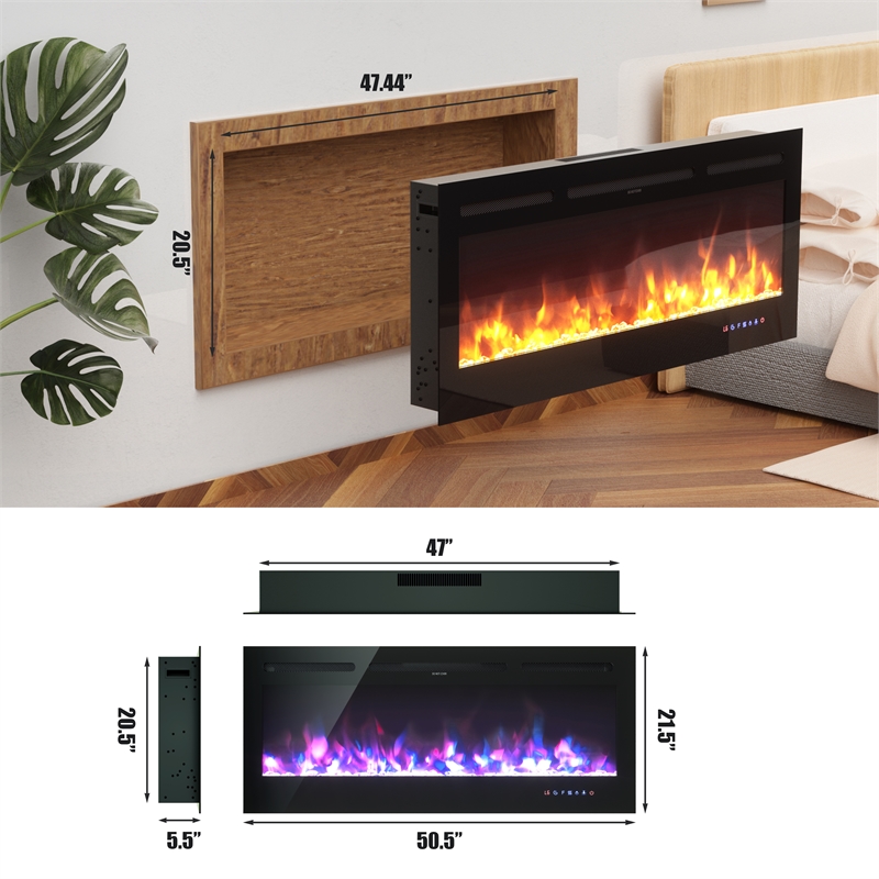 50inch Recessed Electric Fireplace Wall Mounted Heaterol Black