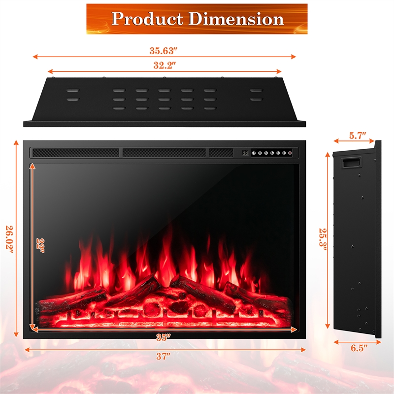 37inchElectric Fireplace Insert Heater Log Flame Effect 1500W Black