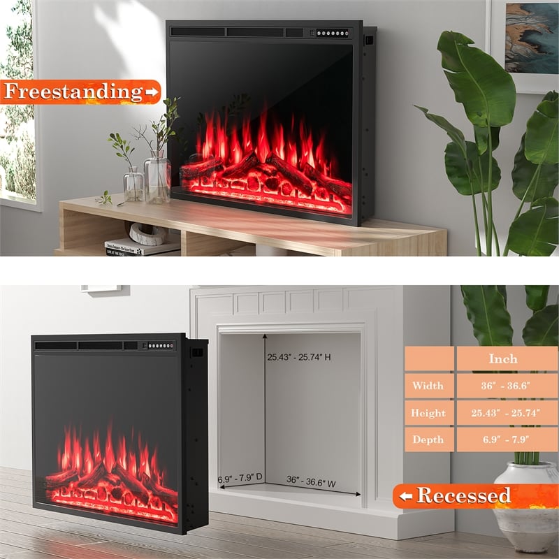37inchElectric Fireplace Insert Heater Log Flame Effect 1500W Black