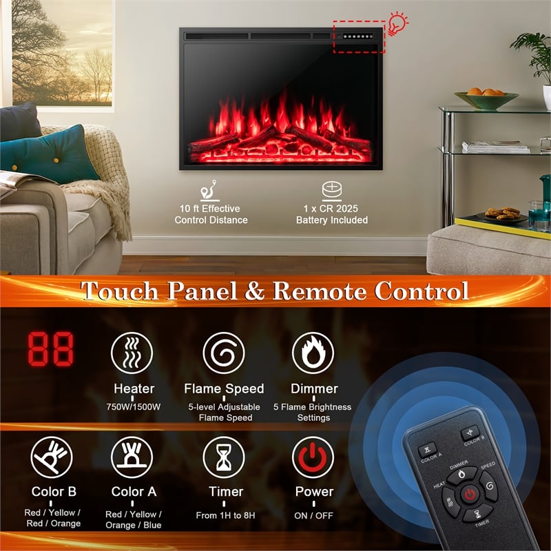 37inchElectric Fireplace Insert Heater Log Flame Effect 1500W Black