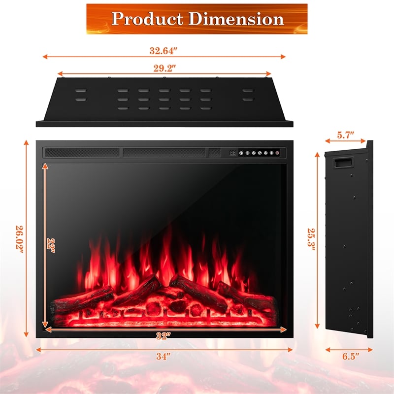 34inch Electric Fireplace Insert Heater with Remote Control 1500W Black