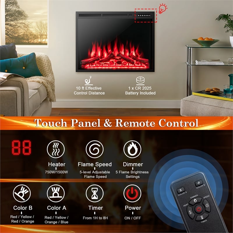 34inch Electric Fireplace Insert Heater with Remote Control 1500W Black