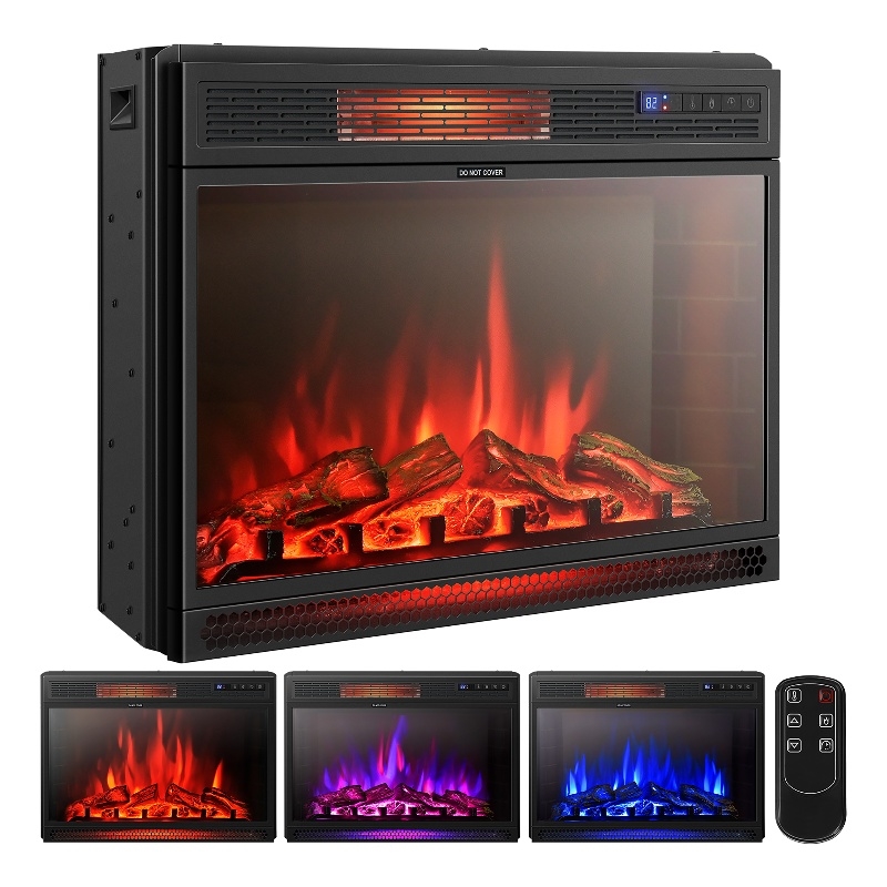 28inch Electric Fireplace Freestanding Heater Log Flame 1350W Black