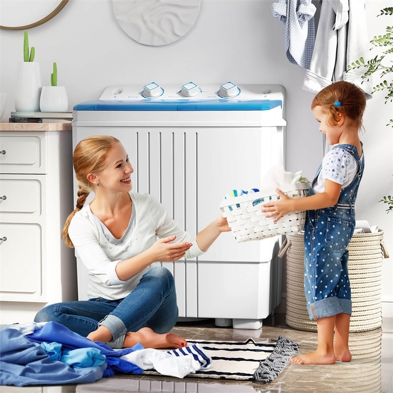 Twin Tub Portable Washing Machine with Drain Pump Timer Control Blue