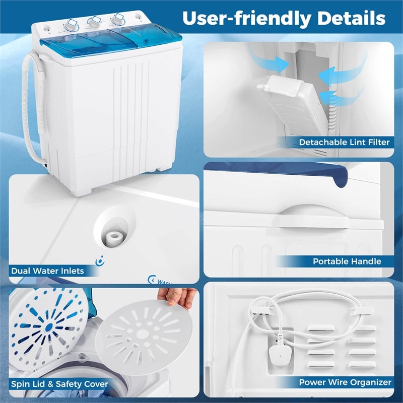 Twin Tub Portable Washing Machine with Drain Pump Timer Control Blue