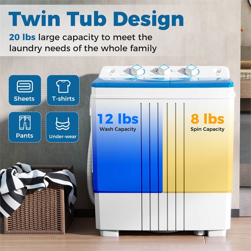 Twin Tub Portable Washing Machine with Drain Pump Timer Control Blue