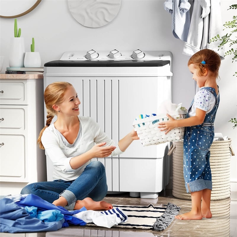 Twin Tub Portable Washing Machine with Drain Pump Timer Control Black