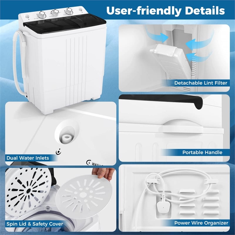 Twin Tub Portable Washing Machine with Drain Pump Timer Control Black