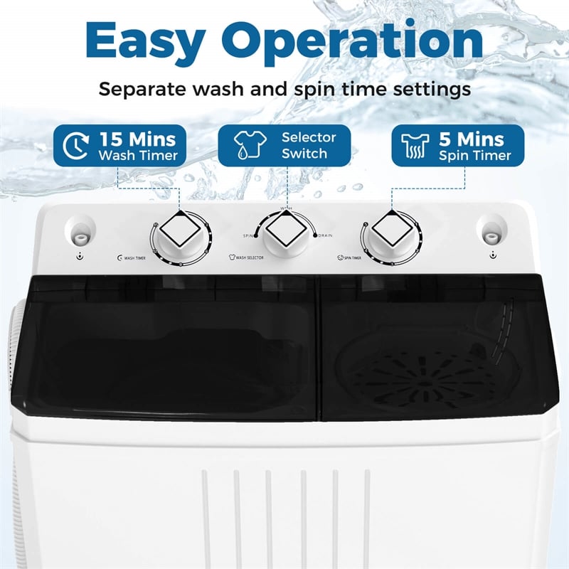 Twin Tub Portable Washing Machine with Drain Pump Timer Control Black