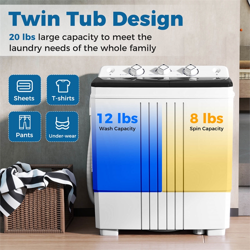 Twin Tub Portable Washing Machine with Drain Pump Timer Control Black