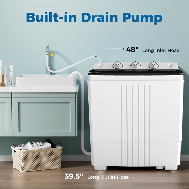 Twin Tub Portable Washing Machine with Drain Pump Timer Control Black