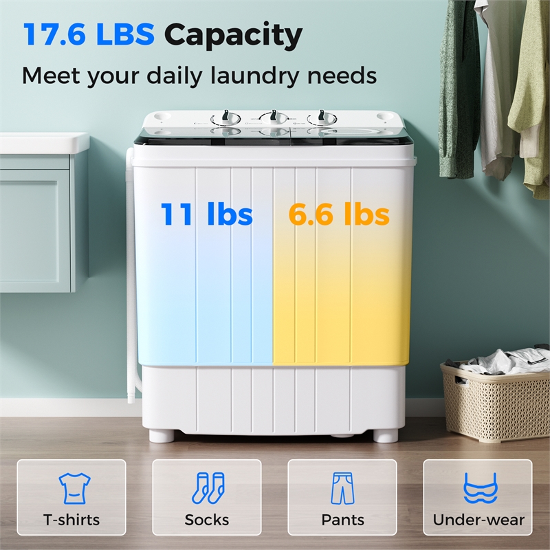 Portable Washing Machine 17.6 lbs Twin Tub Laundry Washer with Drain Pump Grey
