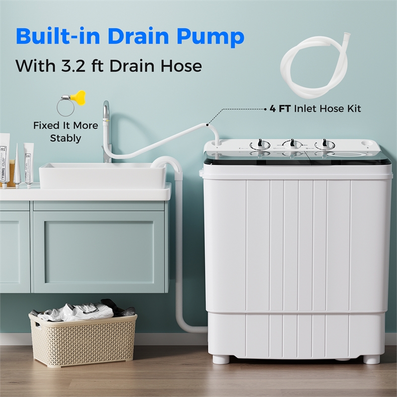 Portable Washing Machine 17.6 lbs Twin Tub Laundry Washer with Drain Pump Grey