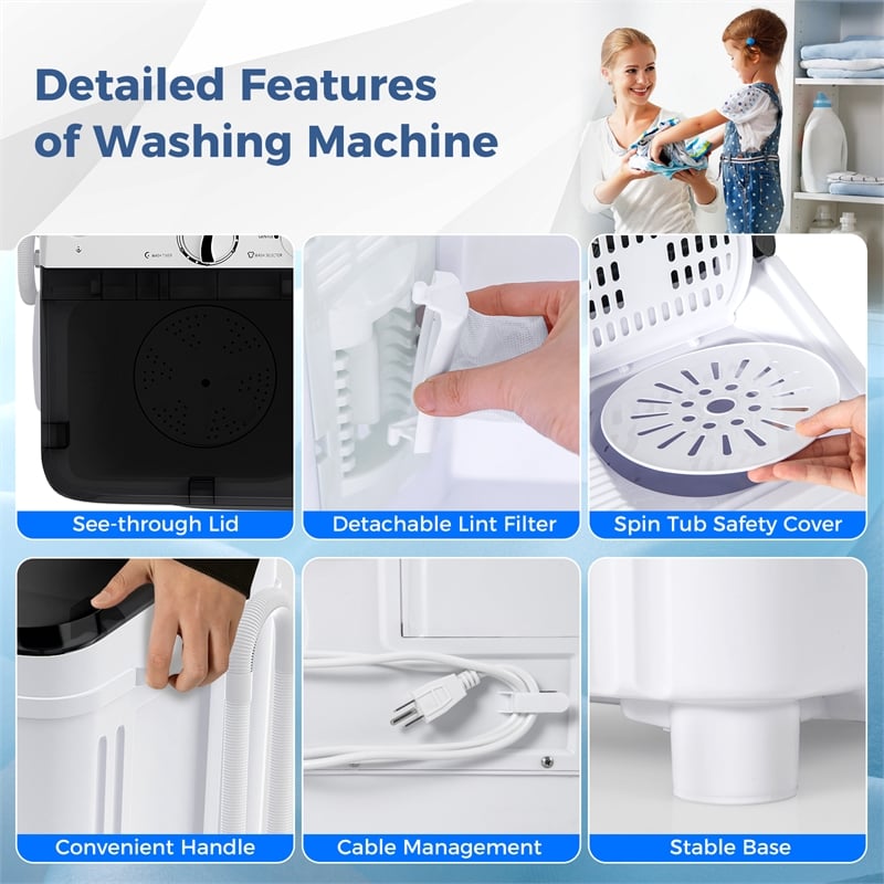 Portable Washing Machine 17.6 lbs Twin Tub Laundry Washer with Drain Pump Grey