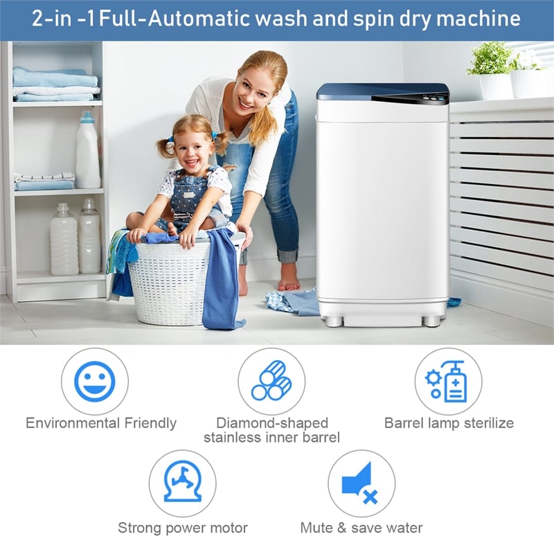 Full Automatic Washing Machine 7.7 lbs Washer Spinner Germicidal UV Light Blue