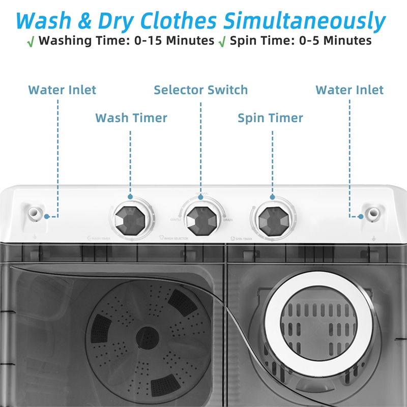 26 lbs Portable Semi automatic Twin Tub Washing Machine with Drain Pump Gray