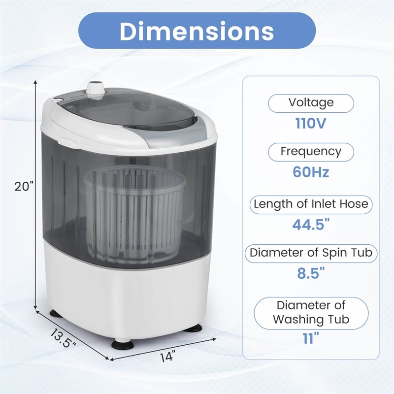 Portable Mini Counter Top Washing Machine 5.5lbs Spin Basket Laundry Gray