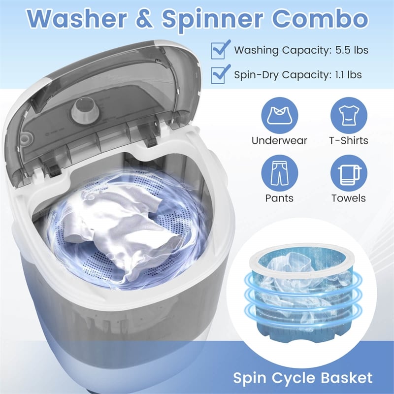 Portable Mini Counter Top Washing Machine 5.5lbs Spin Basket Laundry Gray