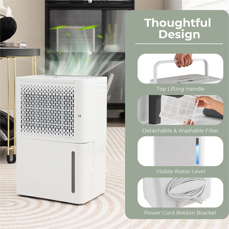8 Pint(DOE) Dehumidifier w/Energy Efficient Automatic Shutoff 2000 Sq.ft White Plastic