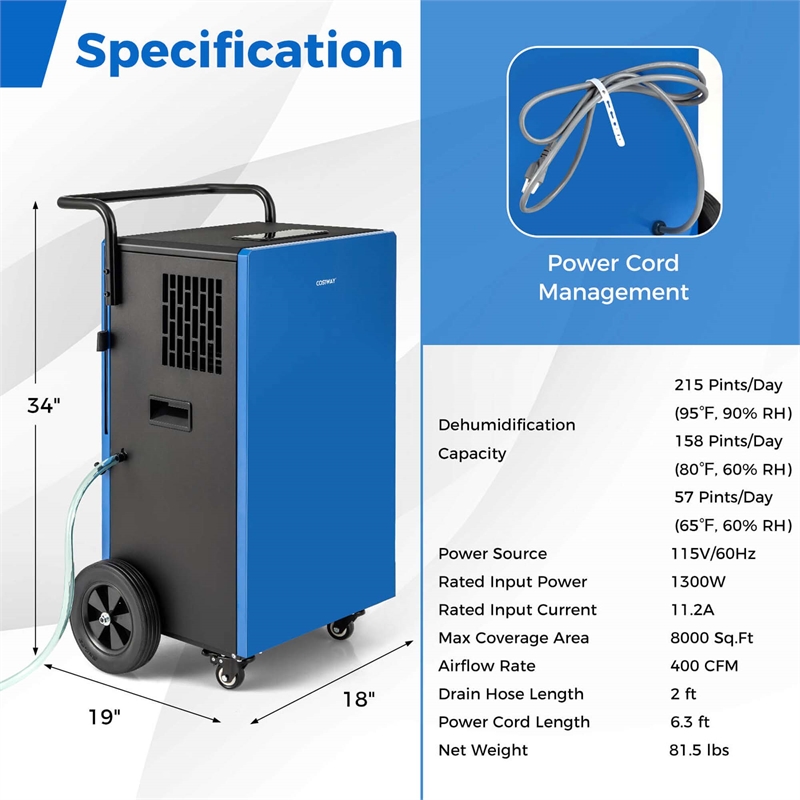 57 Pint(DOE) Portable Commercial Dehumidifier 8000 Sq.ft Coverage Area Blue