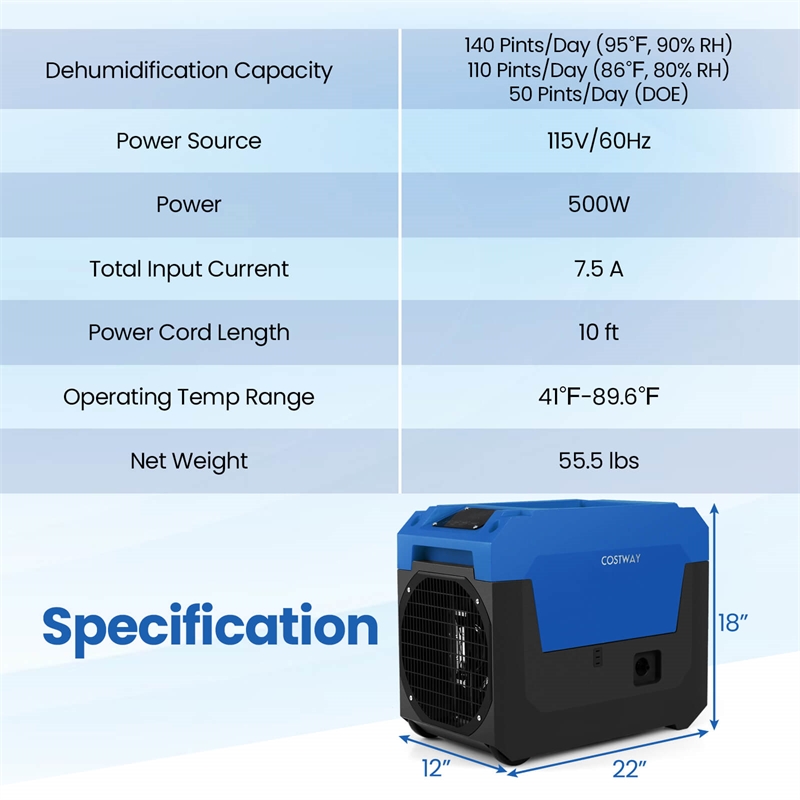 50 Pint(DOE) Commercial Dehumidifier with Pump Drain Hose Blue
