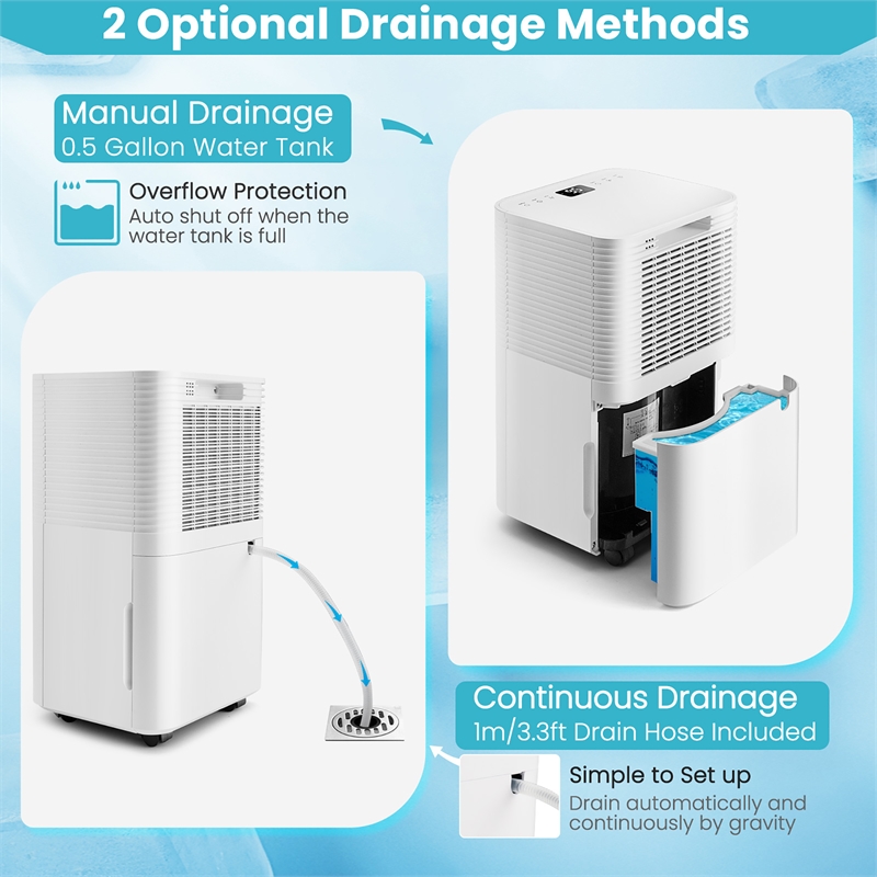 9 Pint(DOE) Dehumidifier With Drain Hose 2000 Sq.ft Coverage Area White