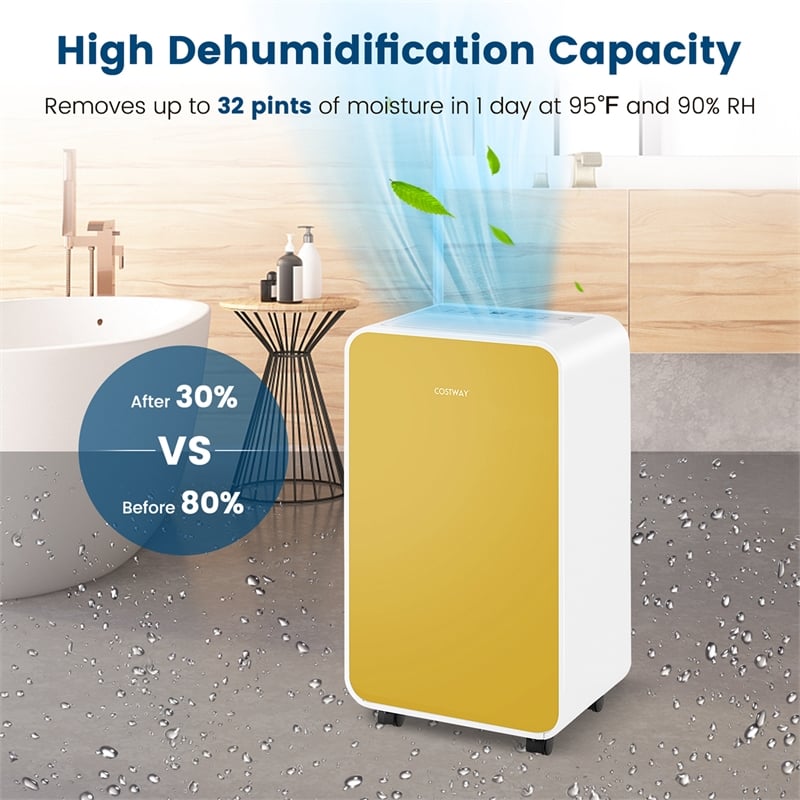 9 Pint(DOE) Portable Dehumidifier 2500 Sq.ft Coverage Area Yellow
