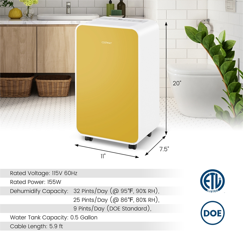 9 Pint(DOE) Portable Dehumidifier 2500 Sq.ft Coverage Area Yellow