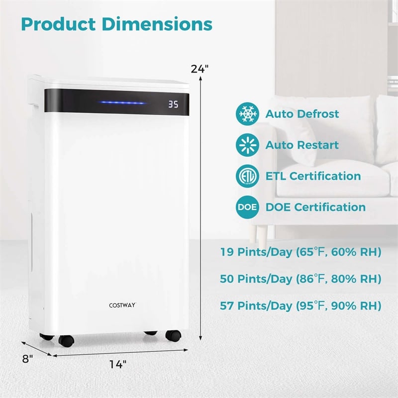 19 Pint(DOE) Dehumidifier 4500 Sq.ft Coverage Area White