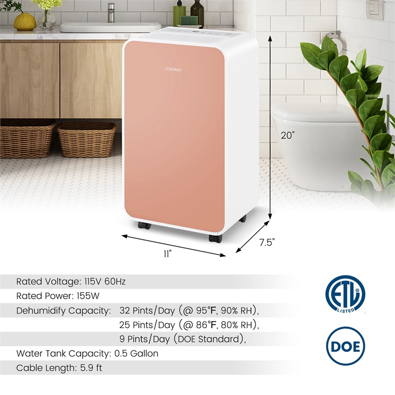 9 Pint(DOE) Portable Dehumidifier 2500 Sq.ft Coverage Area Pink