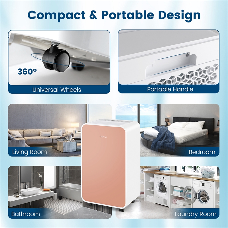 9 Pint(DOE) Portable Dehumidifier 2500 Sq.ft Coverage Area Pink